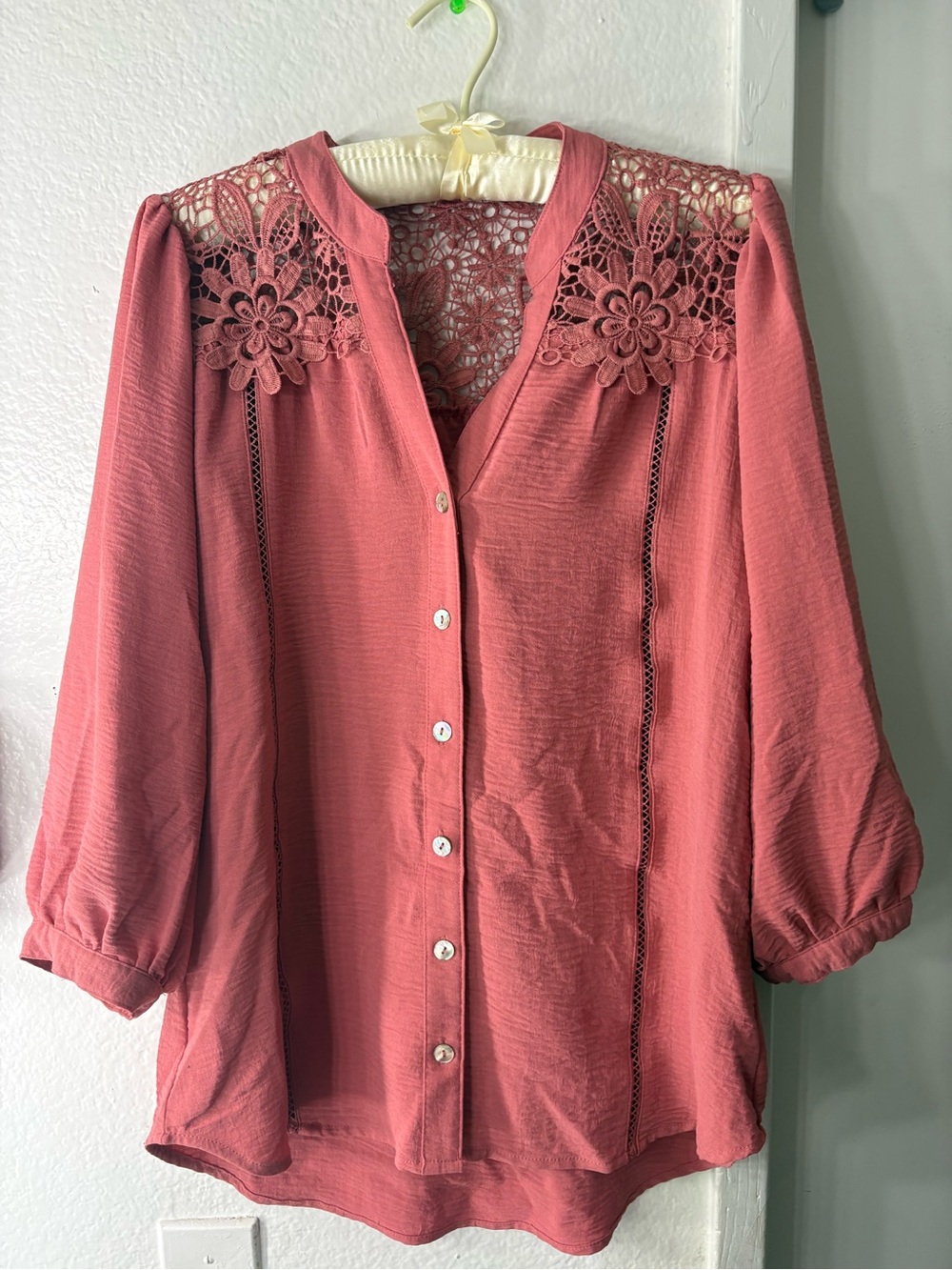 Women's Pink Crochet Yoke Button-Front Blouse
